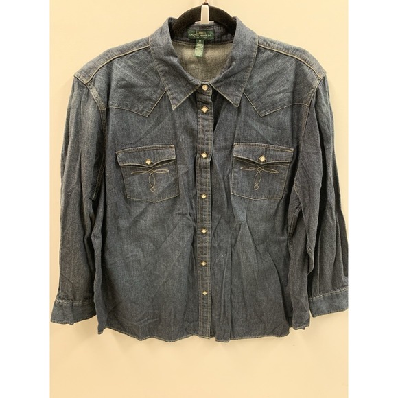 LRL Ralph Lauren Tops - LRL Ralph Lauren Shirt Women 3X Blue Denim Western Cowgirl Ranch Pearl Snap